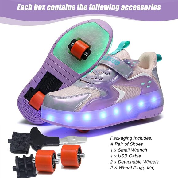 Kid's Girls Purple USB Chargable LED Lighting Roller Wheeled Skate Sneaker Shoes - Picture 3 of 6